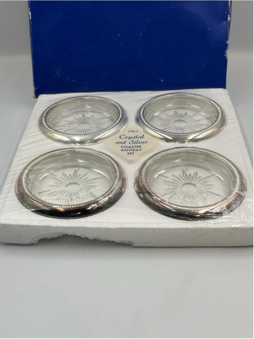 VTG Leonard Crystal Silver Plated 4 Coasters Starburst Pattern ITALY 25th Anniv
